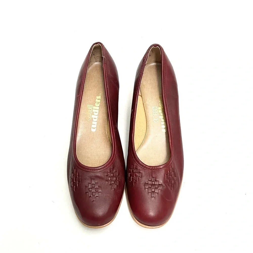 Vintage 1970s oxblood leather woven chunky slip on wedge heels